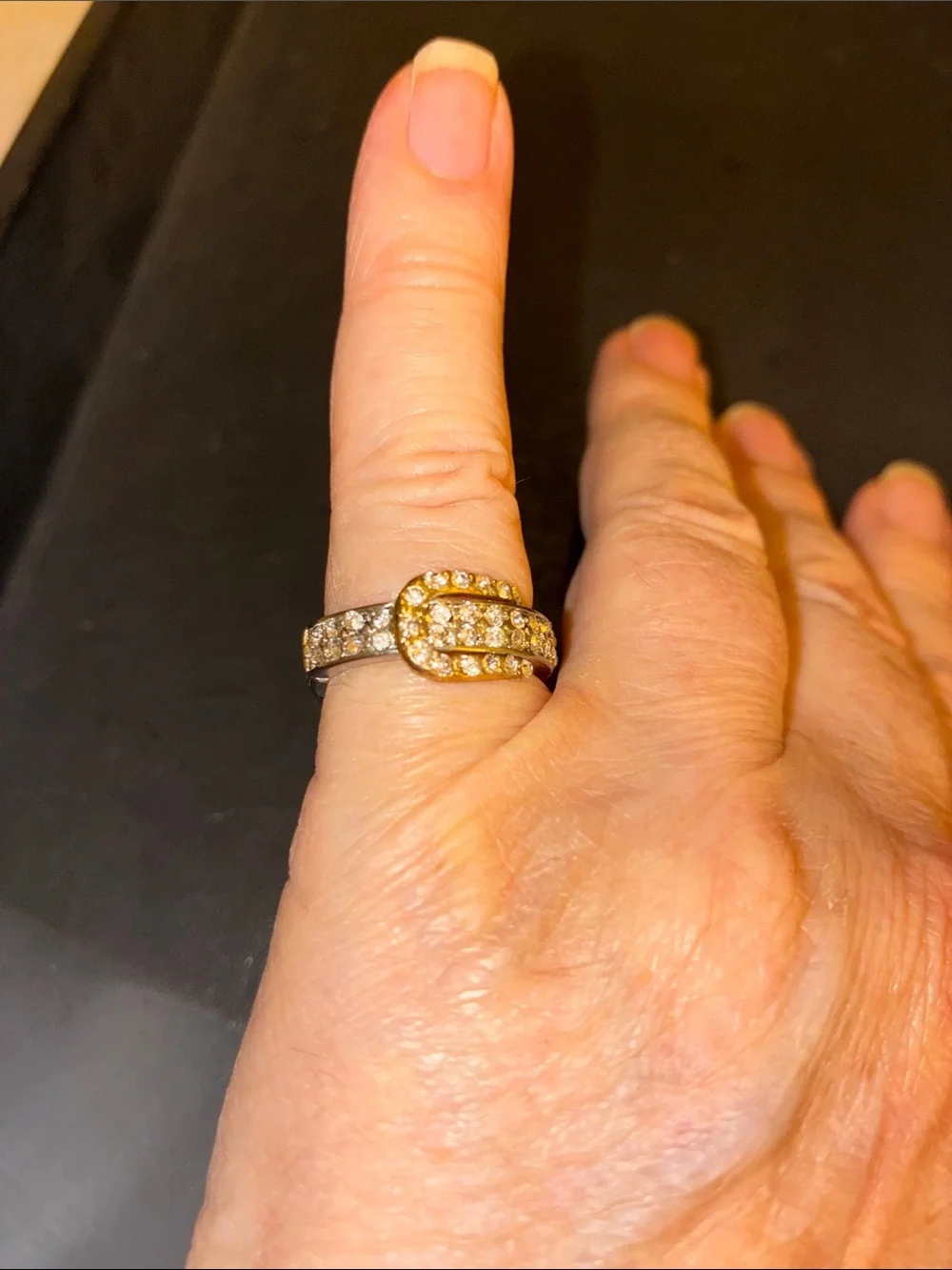 Gold-Tone Buckle Stretch Ring with Clear Pavé Crystals